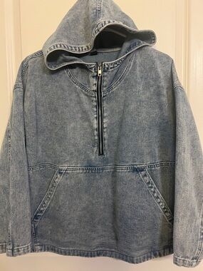 SHEIN Light Blue Denim Hooded Half-Zip Pullover